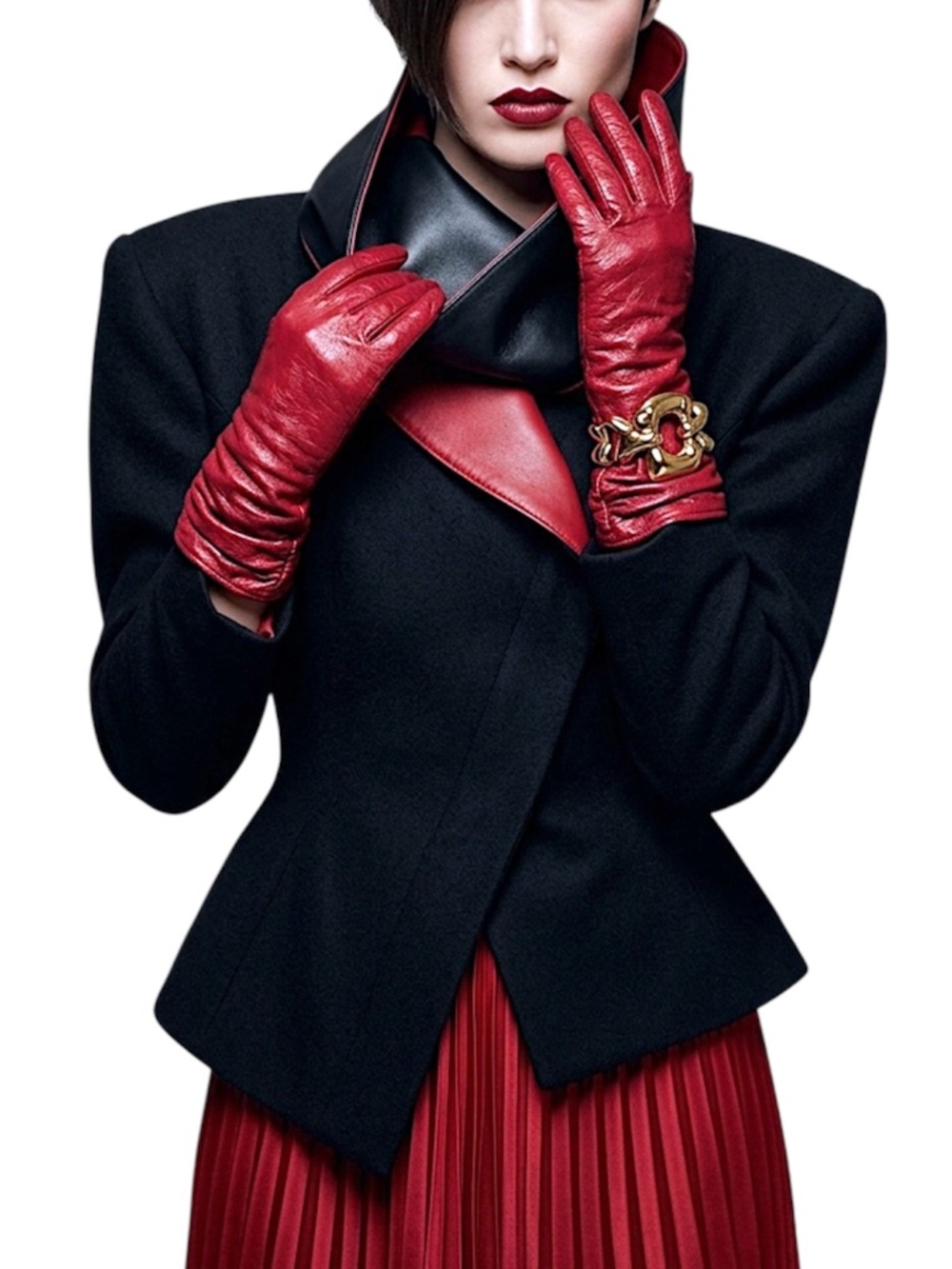 Au Clair deep red leather retro old money quiet luxury ruched 10 inch gloves 7